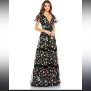 Mac Duggal New Black Floral Print 67934 Wrap Over Butterfly Sleeve Gown 2